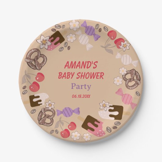 甘くて塩辛いベビーシャワーベージュ紙プレート ペーパープレート (正面)