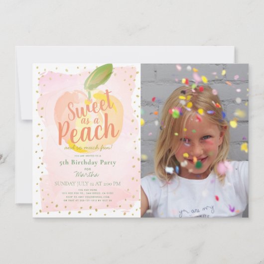 甘くて桃のピンクの女の子フォト誕生日 招待状 (正面)