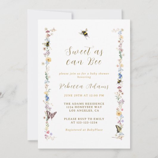 甘くて甘いビーワイルドフラワーのベビーシャワー 招待状 (正面)