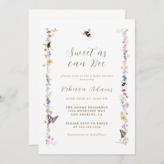 甘くて甘いビーワイルドフラワーのベビーシャワー 招待状 (正面/裏面)