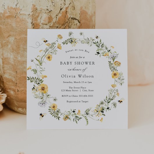 甘くて甘いビーワイルドフラワーのベビーシャワー 招待状