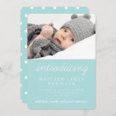 甘くシンプルで青くモダンな写真の誕生の発表 案内状 (正面/裏面)