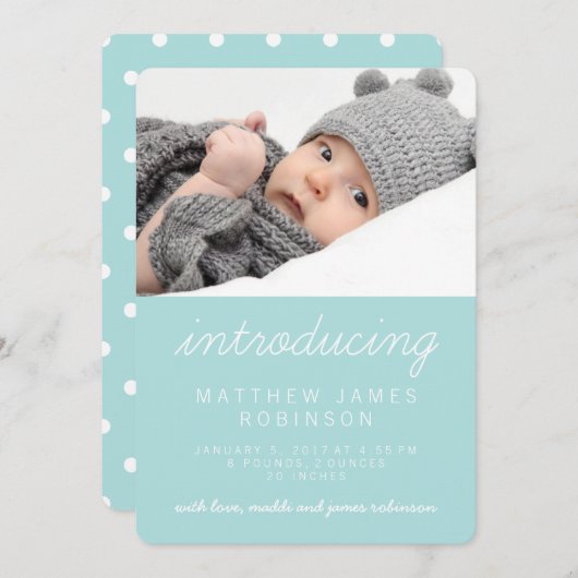 甘くシンプルで青くモダンな写真の誕生の発表 案内状 (正面/裏面)