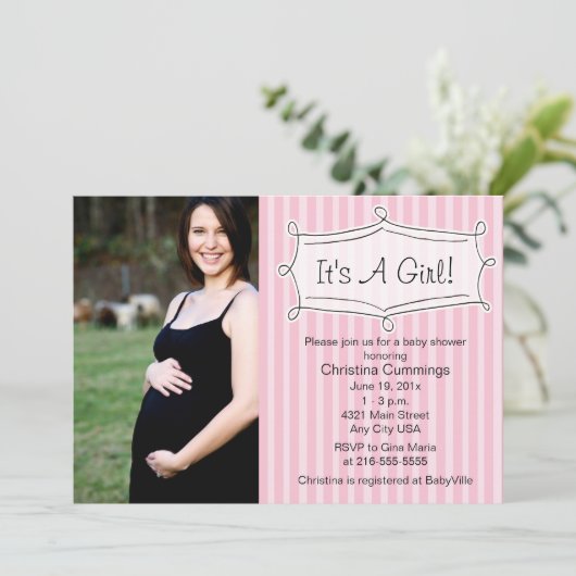 甘くストライプのなベビーシャワーの写真の招待状 招待状 (スタンド正面)