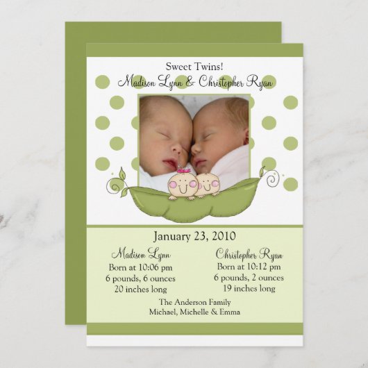 甘く小さいエンドウ豆は写真の発表カードを結び付けます 招待状 (正面/裏面)