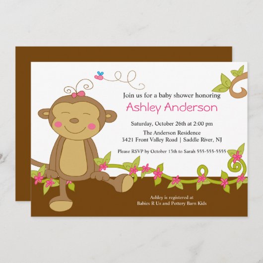 甘く小さい猿のベビーシャワーの招待状 招待状 (正面/裏面)