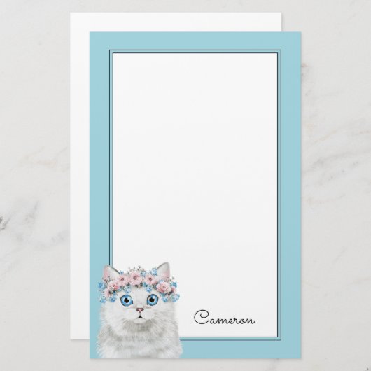甘く白い花猫は|あなたの名前を加えます 便箋 (正面/裏面)