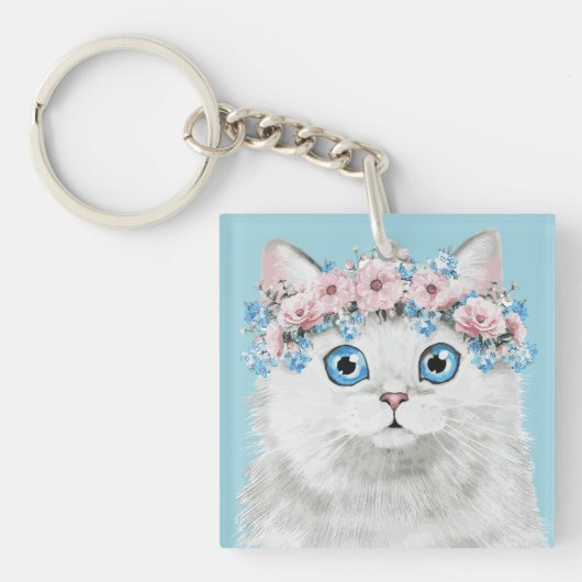 甘く白い花猫 キーホルダー (正面)