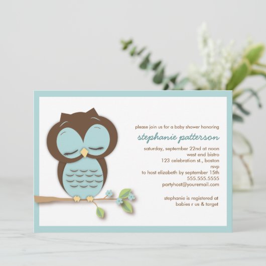 甘く眠いティール(緑がかった色)のフクロウの男の子のベビーシャワーの招待状 招待状 (スタンド正面)