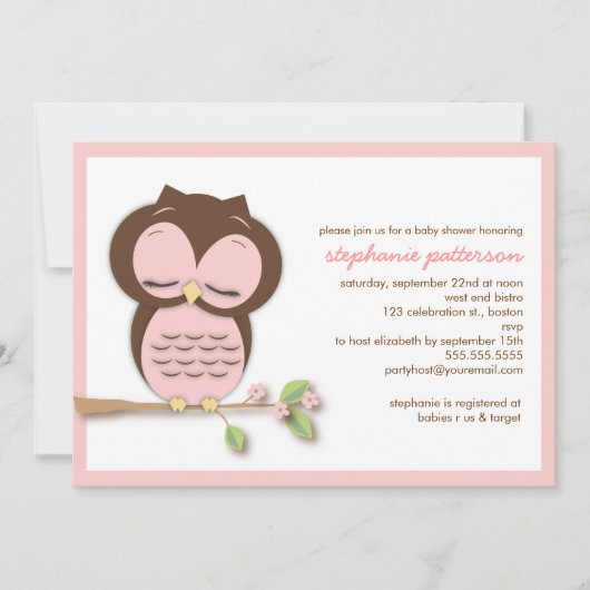 甘く眠いピンクのフクロウの女の子のベビーシャワーの招待状 招待状 (正面)