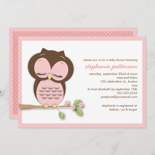甘く眠いピンクのフクロウの女の子のベビーシャワーの招待状 招待状 (正面/裏面)