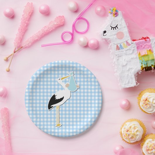 甘く青いギンガムおよびこうのとりのベビーシャワーのプレート ペーパープレート (パーティー)