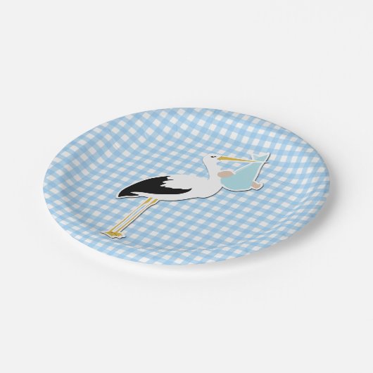甘く青いギンガムおよびこうのとりのベビーシャワーのプレート ペーパープレート (アングル)