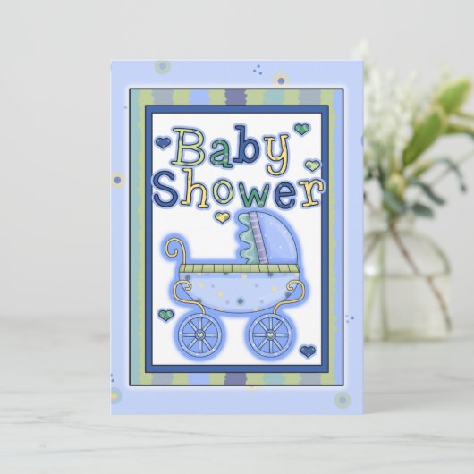 甘く青いベビーカーの男の赤ちゃんのシャワーの招待状 招待状 (スタンド正面)