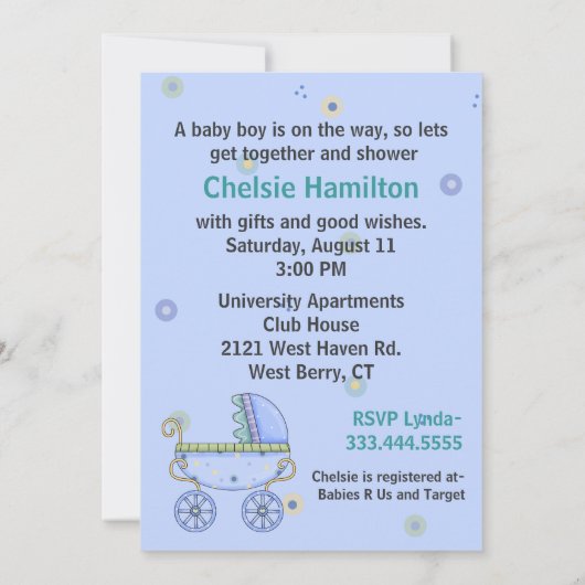 甘く青いベビーカーの男の赤ちゃんのシャワーの招待状 招待状 (裏面)