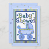 甘く青いベビーカーの男の赤ちゃんのシャワーの招待状 招待状 (正面/裏面)
