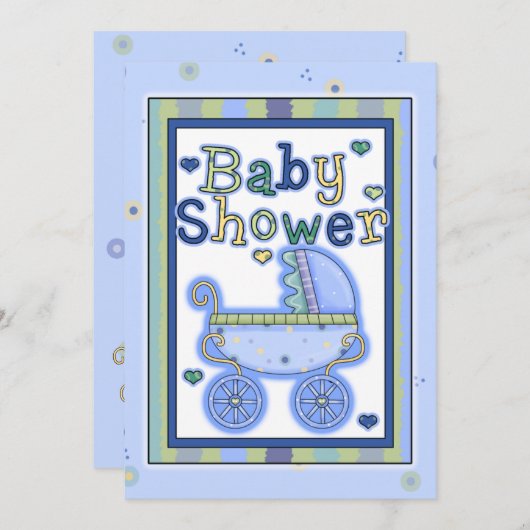 甘く青いベビーカーの男の赤ちゃんのシャワーの招待状 招待状 (正面/裏面)