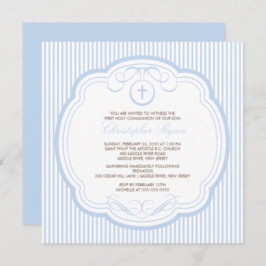 甘く青い十字の男の子の聖餐の招待状 招待状 (正面/裏面)