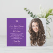 甘とシンプルピンクと紫の写真バルミツワー 招待状 (スタンド正面)