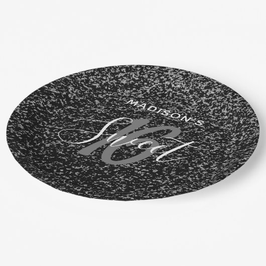 甘エレガントい16の黒い銀の斑点パーソナライズされた ペーパープレート (アングル)