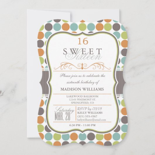 甘エレガントい16パーティー招待状、レトロドット 招待状 (正面)