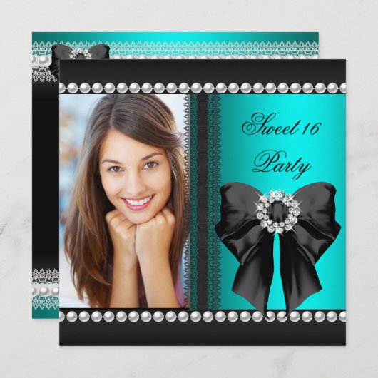 甘エレガントい16十六ティール（緑がかった色）ブルーダイアモンレース 招待状 (正面/裏面)