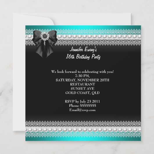 甘エレガントい16十六ティール(緑がかった色)ブルーダイアモンレース 招待状 (裏面)