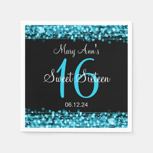 甘エレガントい16誕生日パーティースパクルズターコイズ スタンダードカクテルナプキン (正面)