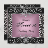 甘エレガントい16誕生日ピンクゼブラブラックシルバー 招待状 (正面/裏面)
