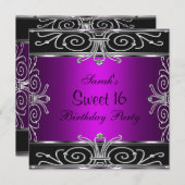 甘エレガントい16誕生日マゼンタブラックシルバー 招待状 (正面/裏面)