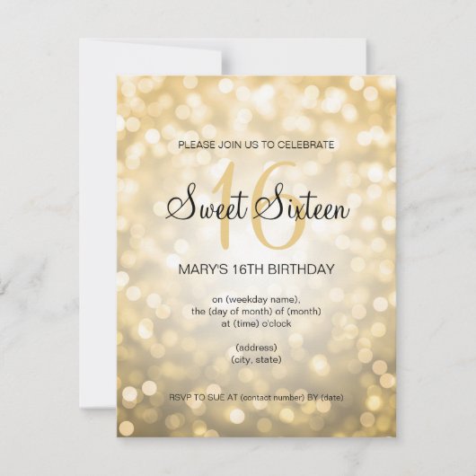 甘エレガントい16誕生日金ゴールドグリッターライト 招待状 (正面)