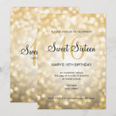 甘エレガントい16誕生日金ゴールドグリッターライト 招待状 (正面/裏面)