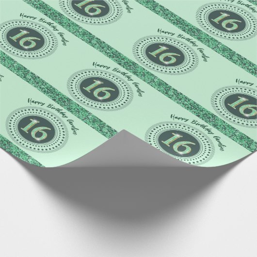 甘エレガントい16誕生日、グリーングリッターとストライプ ラッピングペーパー (角)