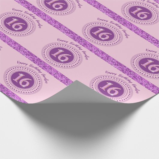 甘エレガントい16誕生日、ピンクのグリッターとストライプ ラッピングペーパー (角)