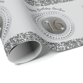 甘エレガントい16誕生日、ブラックグリッター&ストライプ ラッピングペーパー