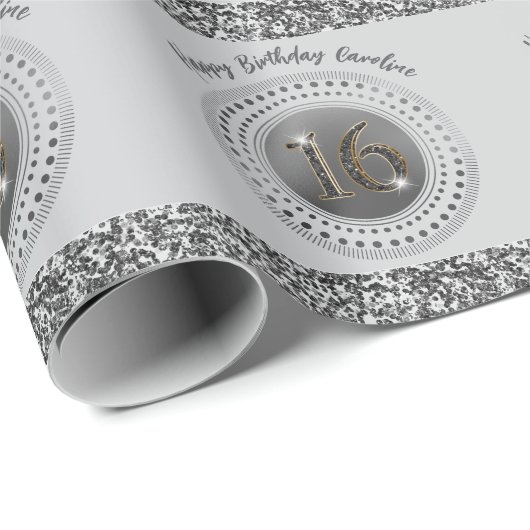 甘エレガントい16誕生日、ブラックグリッター&ストライプ ラッピングペーパー (ロールコーナー)