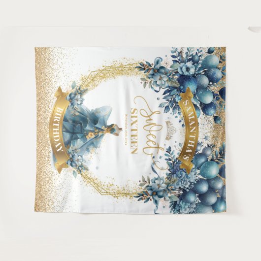 甘エレガントい16青金ゴールド水彩グリッター タペストリー (正面(横))