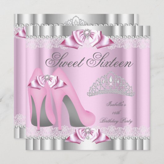 甘エレガントい16Sweet sixteenパーティーピンクレース 招待状 (正面/裏面)