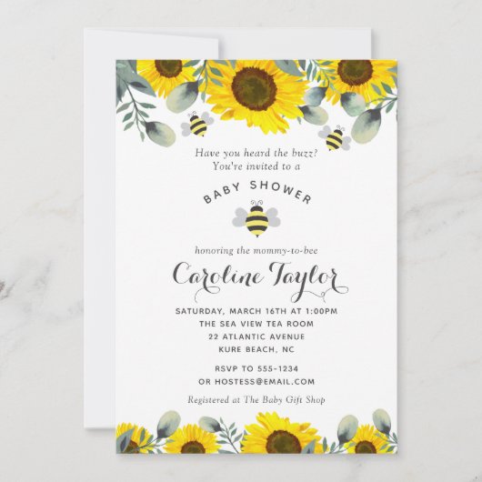 甘エレガントいCan Bee Sunflowers赤ちゃんシャワー 招待状 (正面)