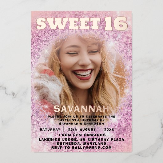 甘ガーリーい16バラ金ゴールド書道とグリッター 箔招待状 (正面)