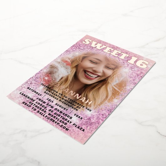 甘ガーリーい16バラ金ゴールド書道とグリッター 箔招待状 (回転した状態)