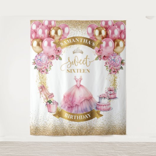 甘スタイリッシュい16タペストリーピンク金ゴールドグリッターバロ タペストリー (正面)