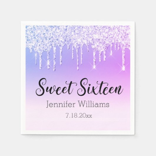 甘スタイリッシュい16紫の銀の滴下グリッター スタンダードカクテルナプキン (正面)