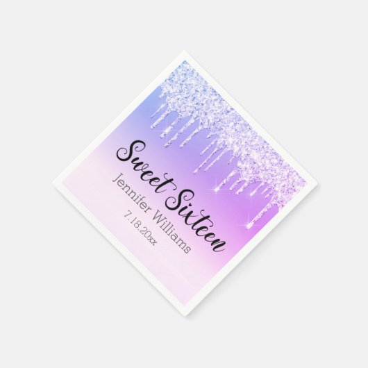 甘スタイリッシュい16紫の銀の滴下グリッター スタンダードカクテルナプキン (角)