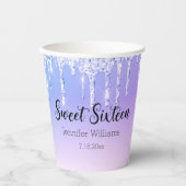 甘スタイリッシュい16紫の銀の滴下グリッター 紙コップ (正面)