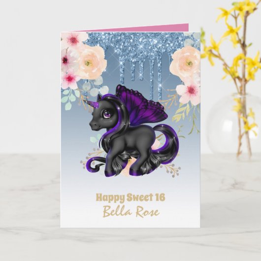 甘パーソナライズされたい16かわいらしユニコーン誕生日カード カード (黄色い花)