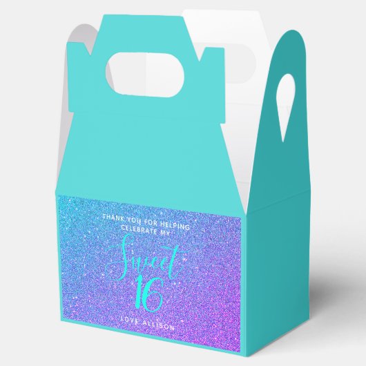 甘パーソナライズされたい16ティール（緑がかった色）パープルグリッターパーティー フェイバーボックス (オープン)