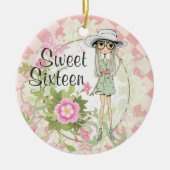 甘パーソナライズされたい16ブロンドガールフラワークリスマス セラミックオーナメント (正面)