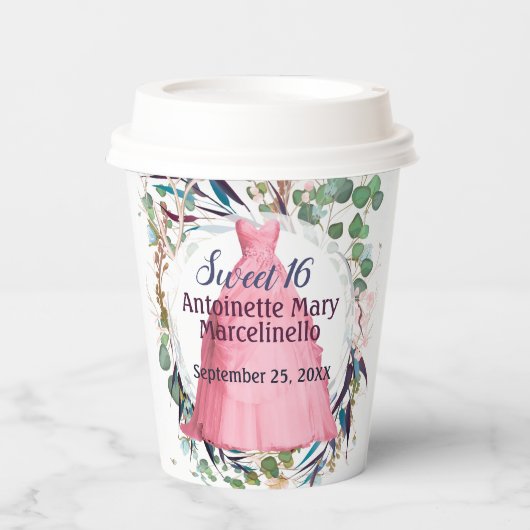 甘パーソナライズされたい16紙カップかわいらしピンクドレス 紙コップ (正面)