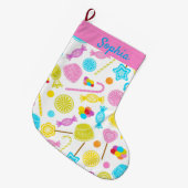 甘モダンいキャンディパターンかわいい名前をカスタムする ラージクリスマスストッキング (正面 (吊り時))